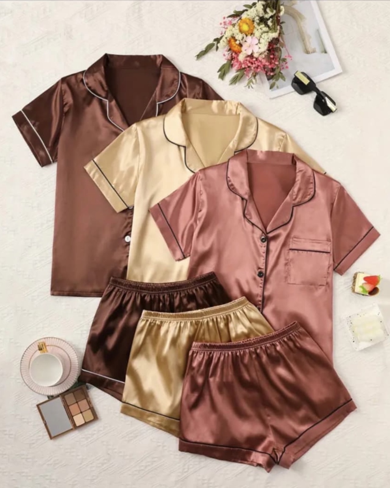 Short night sets in chocolate, champagne and rose tones